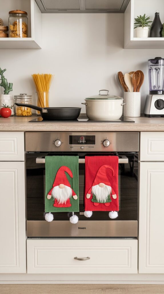 Green and red Christmas towels featuring festive gnome characters hanging on an oven handle in a cheerful white kitchen.