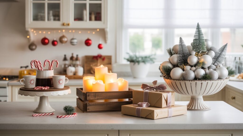 Festively decorated kitchen counter featuring a hot cocoa station on a cake stand, a mini Christmas tree in a bread loaf pan, floating ornaments hanging from upper cabinets, a glowing LED candle crate, stacked wrapped presents, and a white winter bowl centerpiece—all styled in a bright white kitchen with marble counters and soft holiday lighting.