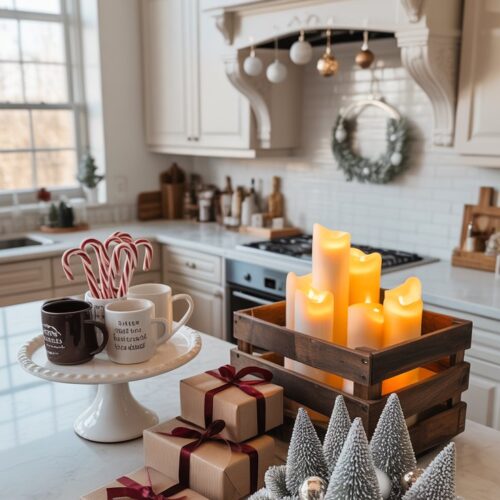 Festively decorated kitchen counter featuring a hot cocoa station on a cake stand, a mini Christmas tree in a bread loaf pan, floating ornaments hanging from upper cabinets, a glowing LED candle crate, stacked wrapped presents, and a white winter bowl centerpiece—all styled in a bright white kitchen with marble counters and soft holiday lighting with text "9 Creative Kitchen Counter Christmas Ideas"