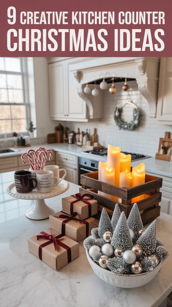 Festively decorated kitchen counter featuring a hot cocoa station on a cake stand, a mini Christmas tree in a bread loaf pan, floating ornaments hanging from upper cabinets, a glowing LED candle crate, stacked wrapped presents, and a white winter bowl centerpiece—all styled in a bright white kitchen with marble counters and soft holiday lighting with text "9 Creative Kitchen Counter Christmas Ideas"