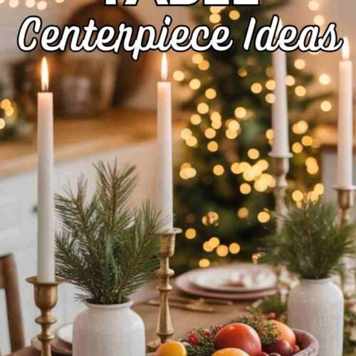 a cozy farmhouse kitchen table styled with a variety of Christmas centerpieces, including a velvet fruit-filled dough bowl, brass candlesticks with greenery, white mason jars with pine, and a citrus garland, all arranged down a long wooden table, with text "7 Christmas table centerpiece ideas. You haven't seen 100x before"