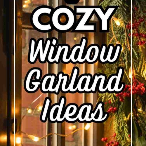 Kitchen window in golden lighting with soft yellow-green cypress garland, red berries, and warm LED lights with overlay text "9 Cozy Window Garland IDeas for your Kitchen"