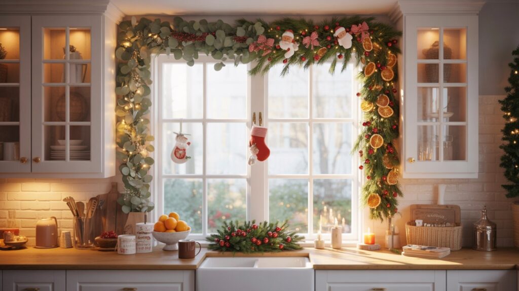 Cozy farmhouse kitchen decorated for Christmas with garlands on a window, including eucalyptus, pine, tinsel, fruit, and dried orange slice garlands. Warm natural light, festive holiday decor, and wood countertops create a cheerful Christmas kitchen window scene.
