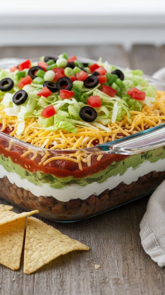 7-layer taco dip in a glass dish showing layers of beans, sour cream, guacamole, salsa and cheese, topped with lettuce, olives and tomatoes