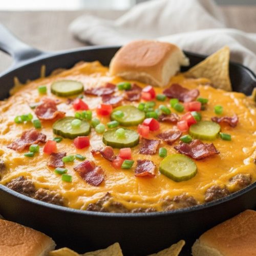 Bacon cheeseburger dip in a cast iron skillet topped with cheddar, pickles, tomatoes and green onions, with chips and slider buns