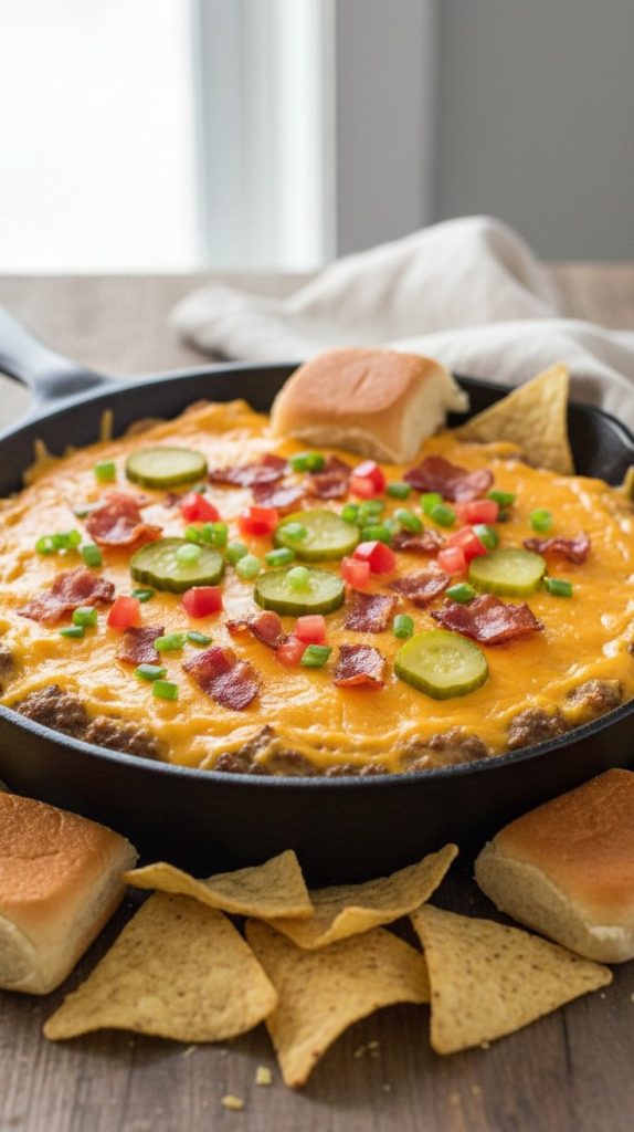 Bacon cheeseburger dip in a cast iron skillet topped with cheddar, pickles, tomatoes and green onions, with chips and slider buns