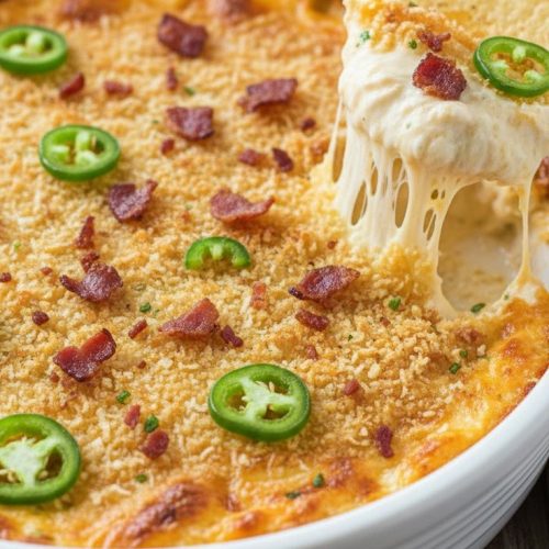 Baked jalapeño popper dip with a golden panko crust, bacon and fresh jalapeño slices, a chip scooping out cheesy dip