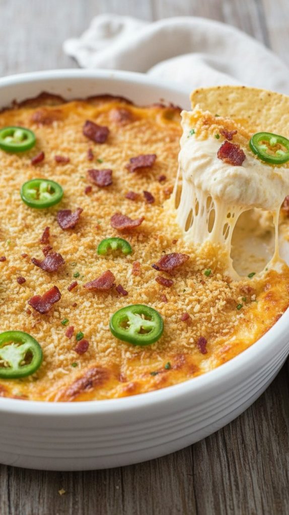 Baked jalapeño popper dip with a golden panko crust, bacon and fresh jalapeño slices, a chip scooping out cheesy dip