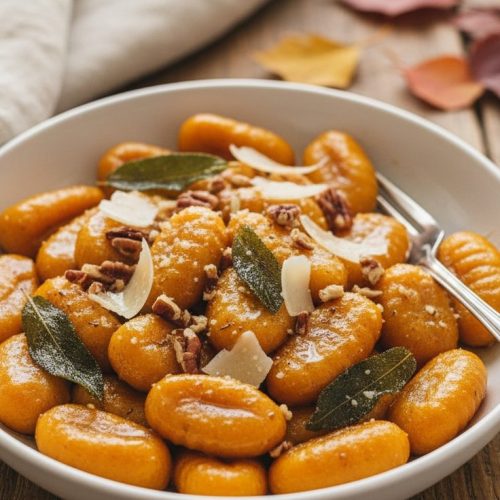 Homemade pumpkin gnocchi in brown butter with crispy sage leaves, toasted pecans and shaved Parmesan in a white bowl