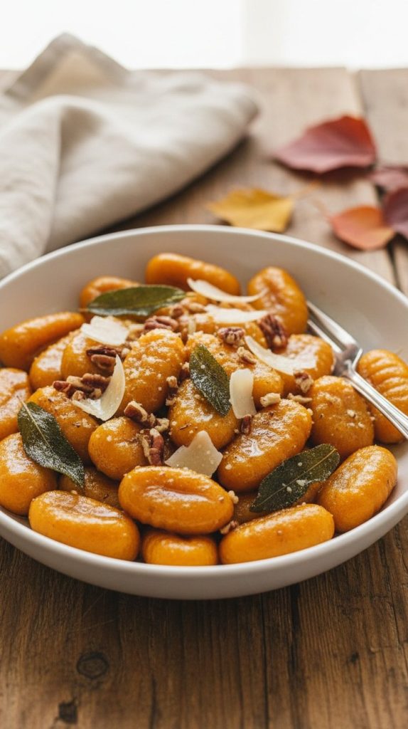 Homemade pumpkin gnocchi in brown butter with crispy sage leaves, toasted pecans and shaved Parmesan in a white bowl