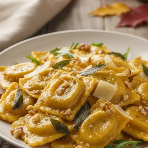 Butternut squash ravioli in brown butter sauce with crispy sage, toasted walnuts, shaved Parmesan and arugula