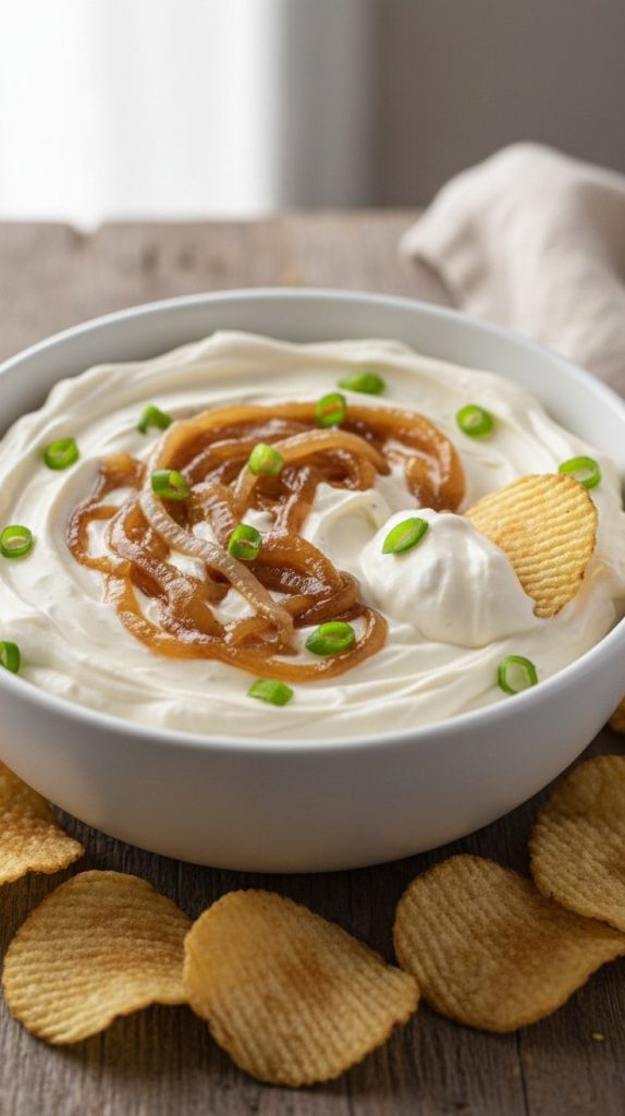 Creamy caramelized French onion dip in a white bowl topped with golden onions and green onions, with ruffled potato chips