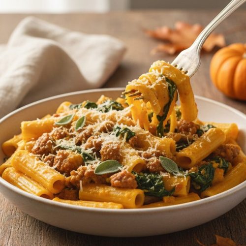 Bowl of rigatoni in creamy butternut squash sauce with Italian sausage, spinach, Parmesan and sage