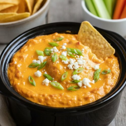 Crockpot buffalo chicken dip topped with melted cheddar, green onions and blue cheese, with a tortilla chip, celery and carrot sticks