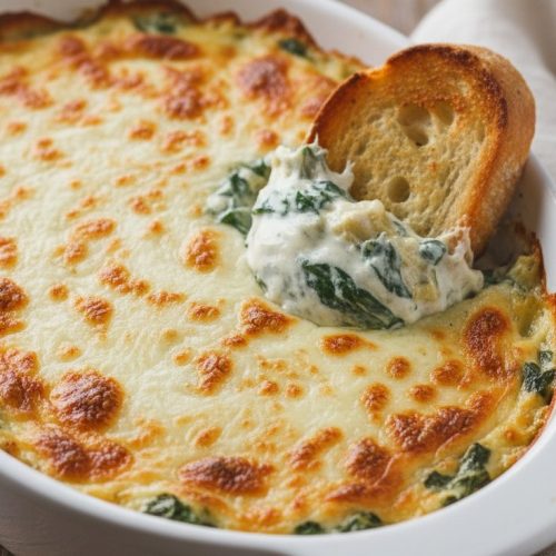 Hot spinach artichoke dip with a golden bubbly cheese top and a toasted bread slice scooping dip