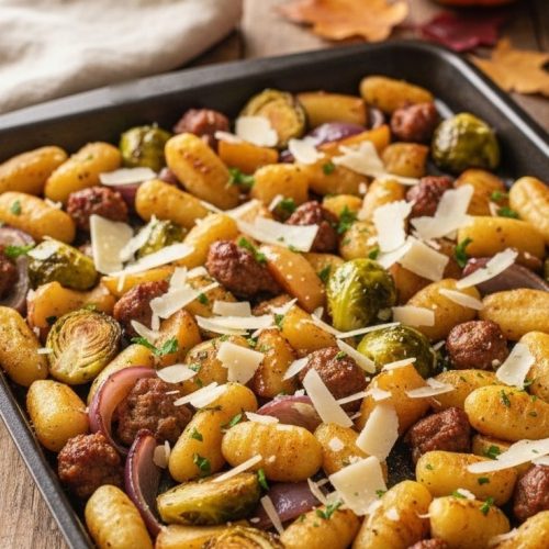 Sheet pan of crispy roasted gnocchi with Italian sausage, apples, Brussels sprouts and red onion topped with Parmesan