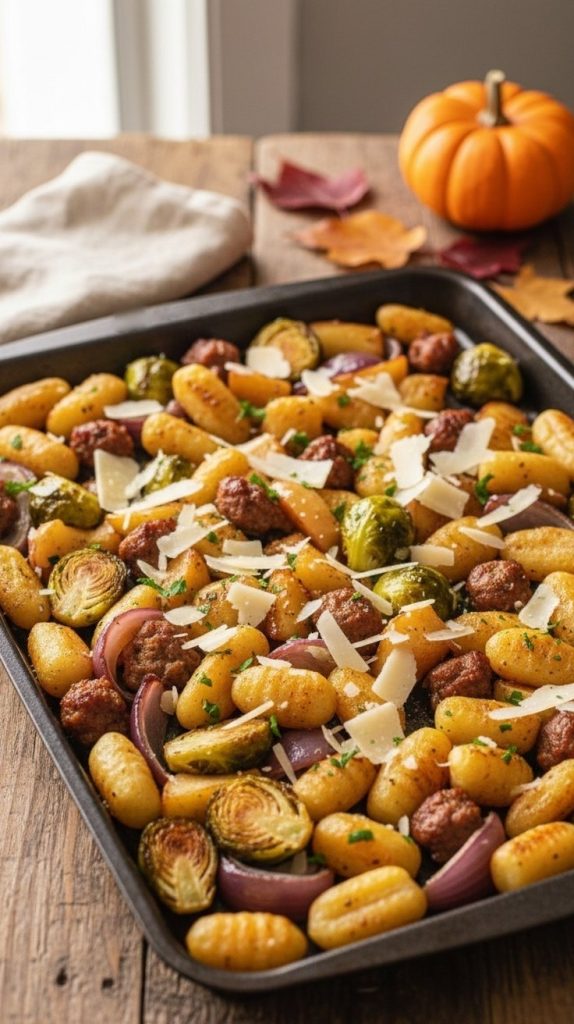 Sheet pan of crispy roasted gnocchi with Italian sausage, apples, Brussels sprouts and red onion topped with Parmesan
