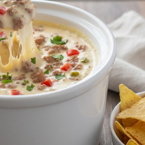 Creamy slow cooker sausage queso with diced tomatoes and cilantro, a tortilla chip lifting a cheesy scoop