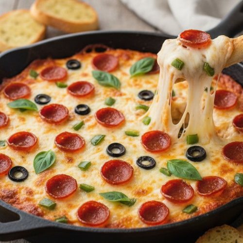 Loaded supreme pizza dip in a cast iron skillet with pepperoni, olives, peppers and basil, a breadstick pulling melted mozzarella