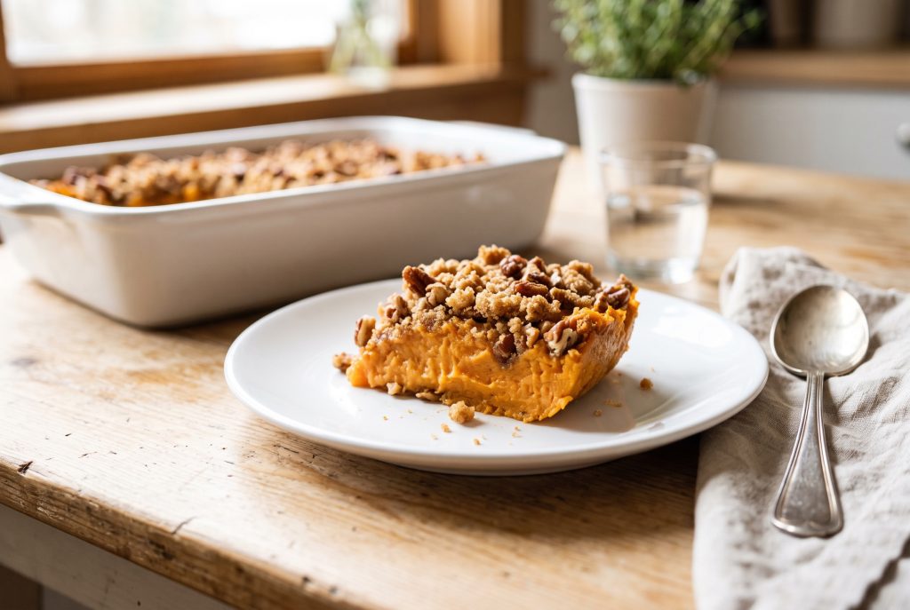 A scoop of sweet potato casserole with pecan topping on a white plate