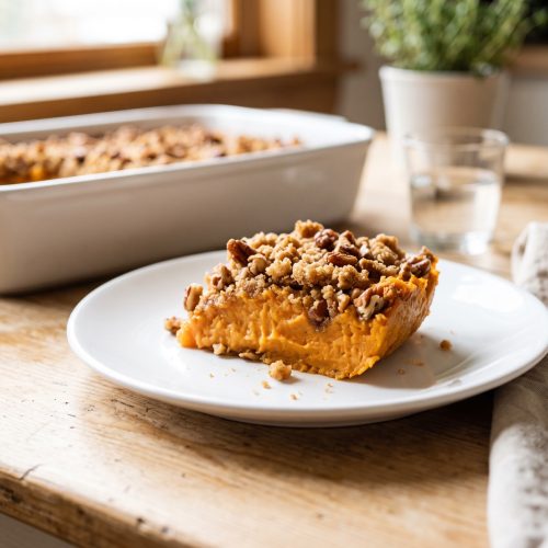 A scoop of sweet potato casserole with pecan topping on a white plate