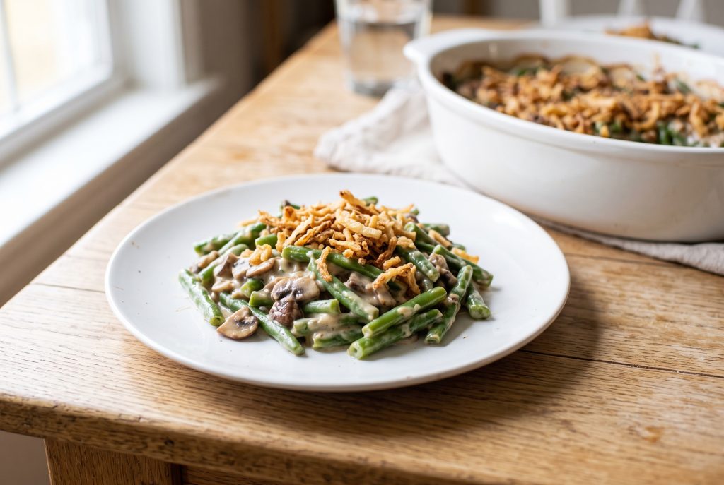 A serving of green bean casserole from scratch on a white plate with crispy fried onions on top