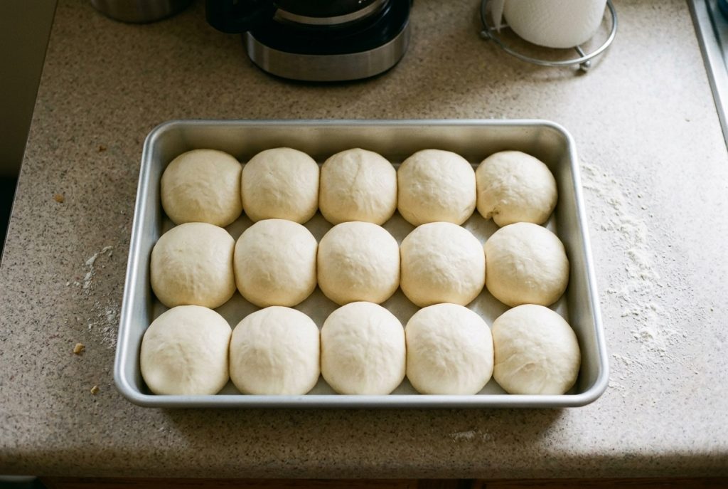 Fifteen shaped balls of dinner roll dough risen in a 9x13 pan before baking