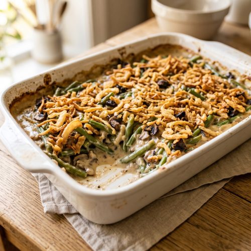 Green bean casserole from scratch in a white baking dish with a golden crispy onion topping