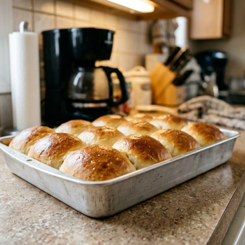 Homemade dinner rolls baked golden brown in a 9x13 pan on a kitchen counter
