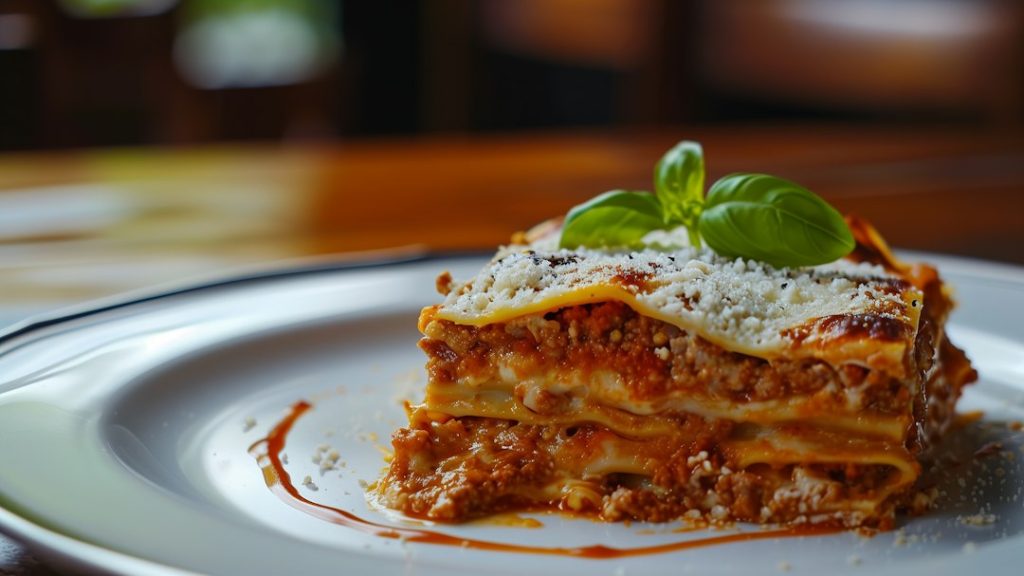 Layered slice of lasagna with red sauce and melted cheese, topped with fresh basil