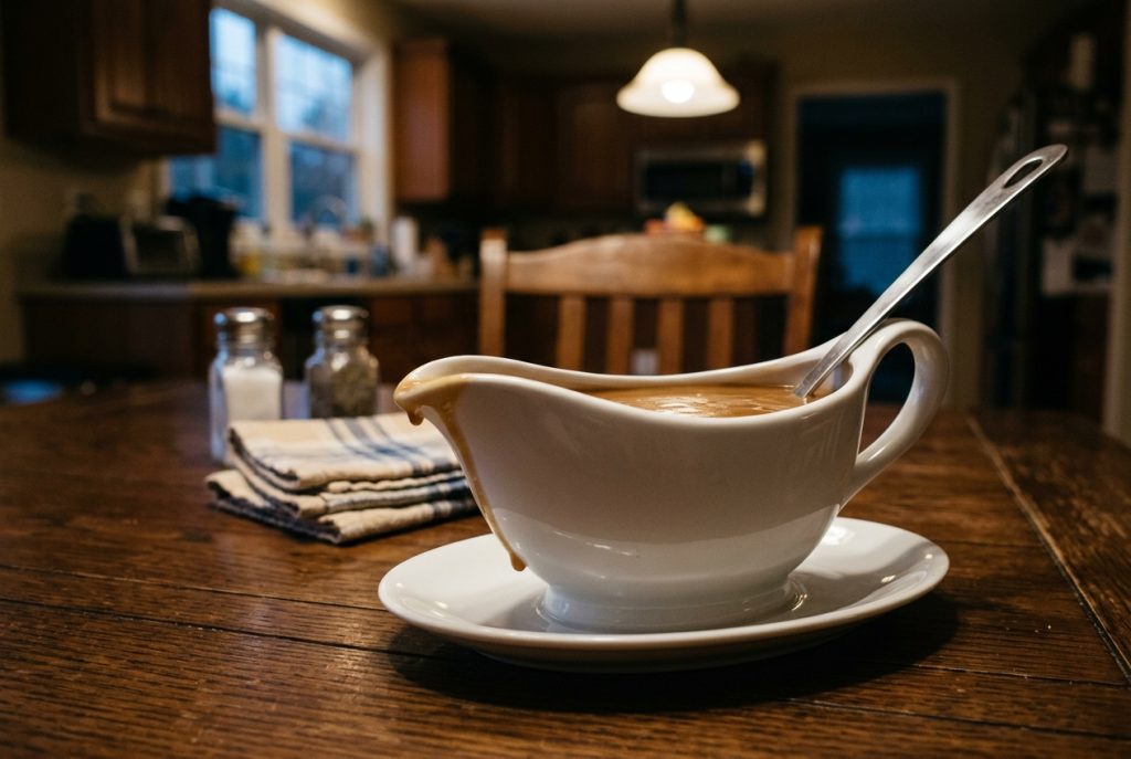 Make ahead turkey gravy in a white gravy boat with a ladle on a dark wood dining table