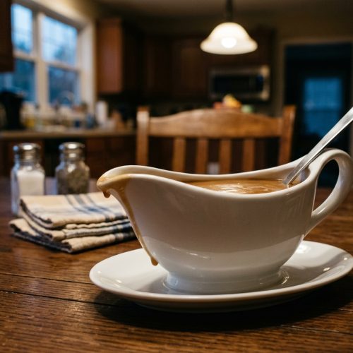 Make ahead turkey gravy in a white gravy boat with a ladle on a dark wood dining table