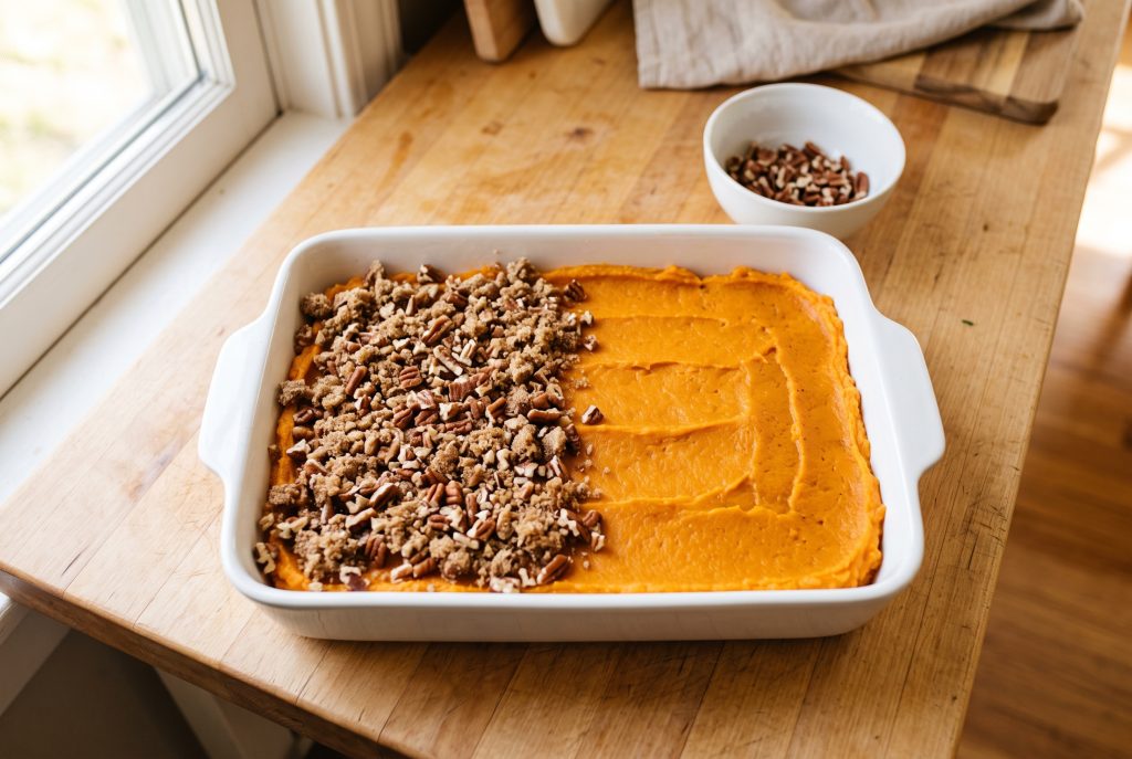 Mashed sweet potato filling in a white baking dish with pecan topping sprinkled over half