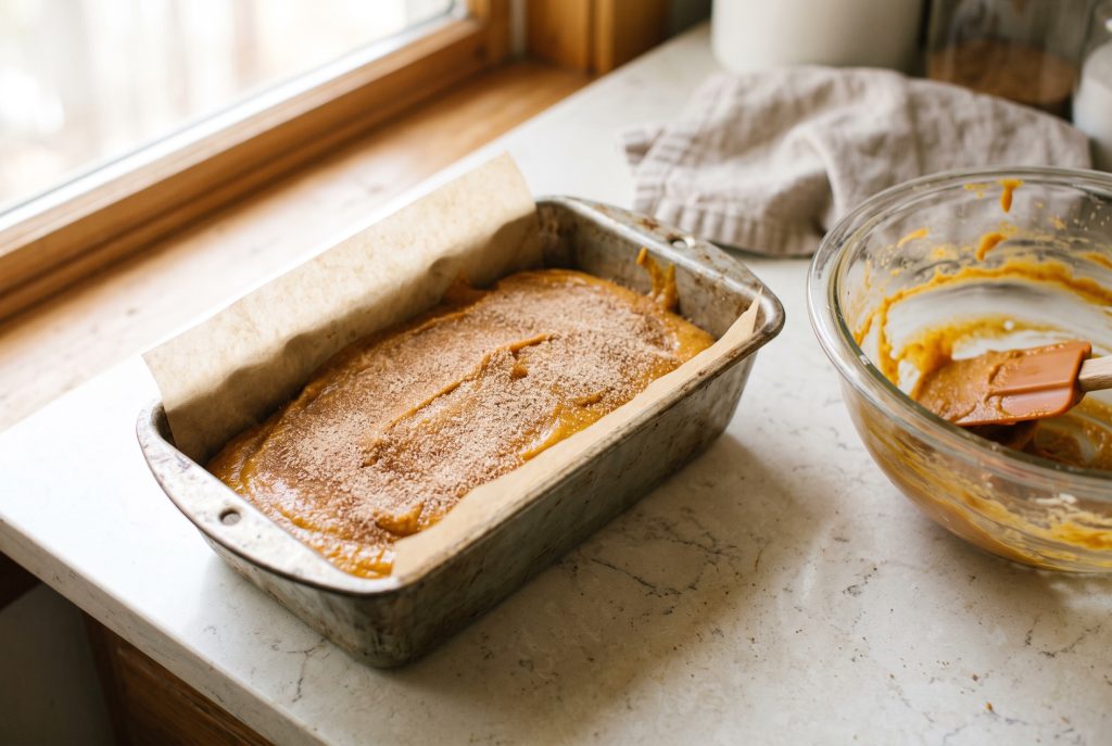 Pumpkin bread batter in a parchment-lined loaf pan, sprinkled with cinnamon sugar before baking