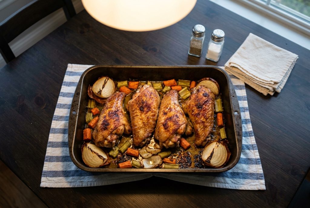 Roasted turkey wings with onion, carrot and celery in a roasting pan, ready to make gravy stock