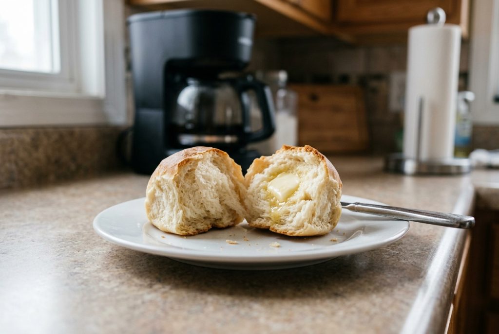 Soft dinner roll torn open on a white plate with melting butter, showing the fluffy inside